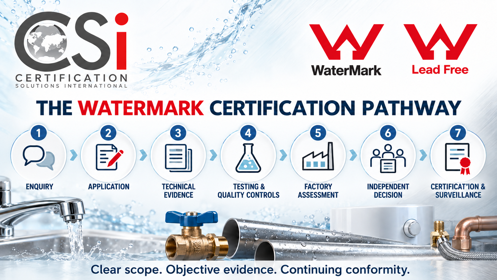 Seven-stage WaterMark certification pathway from enquiry through certification and surveillance