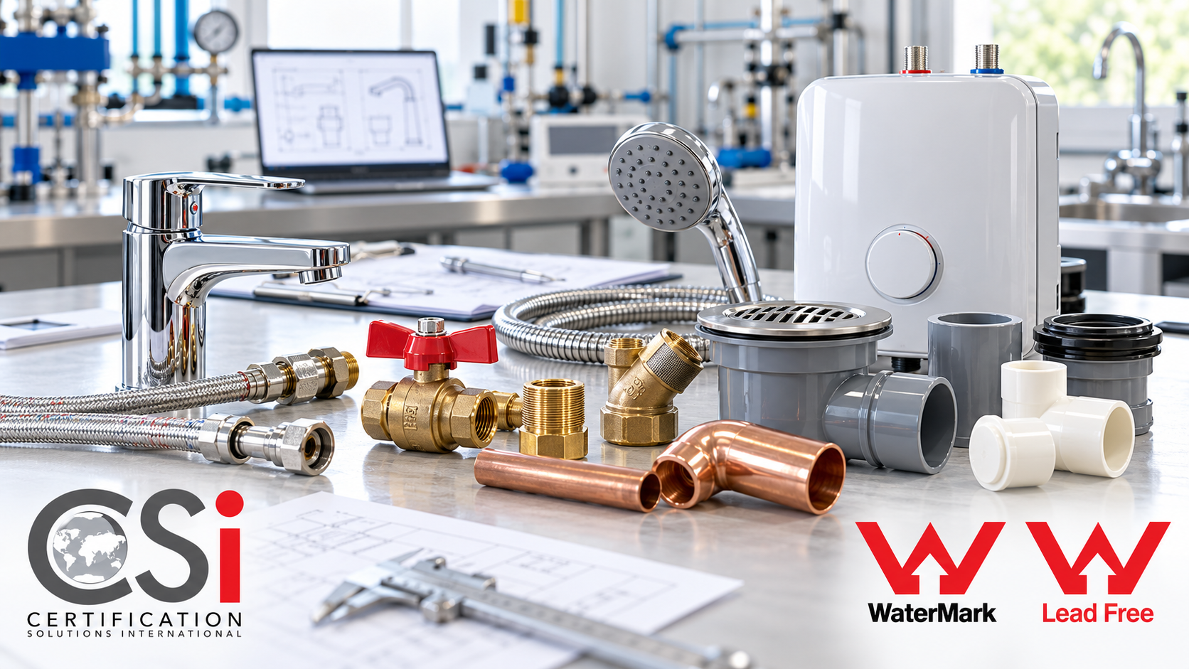 Plumbing and drainage products displayed with CSi, WaterMark and Lead Free WaterMark branding